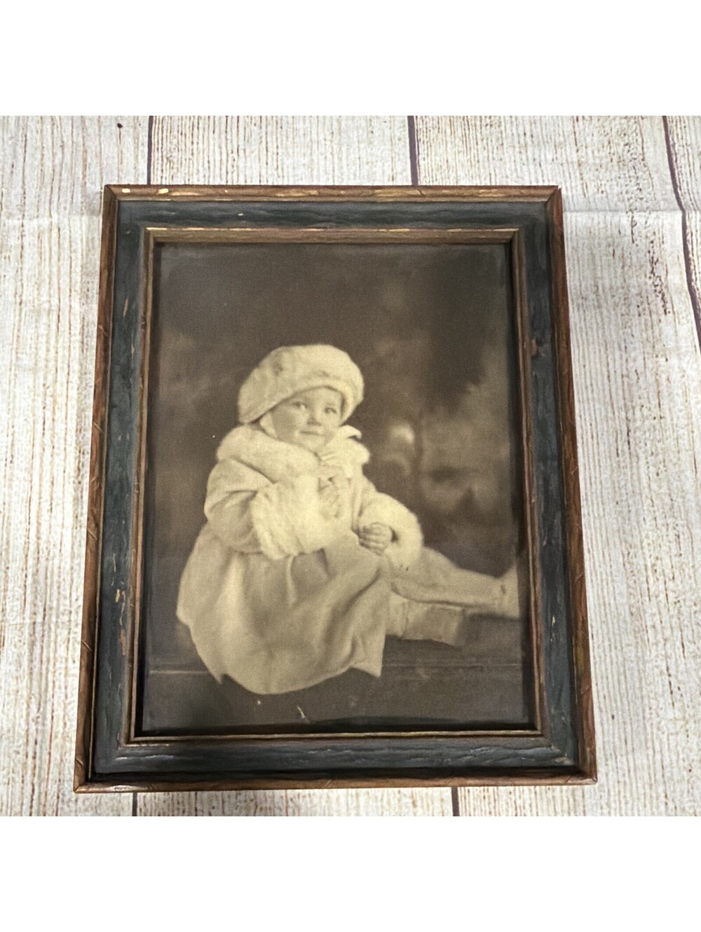 Framed Black & White Portrait cabinet card Photograph of Child in Coat -